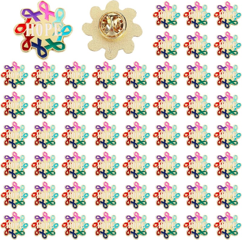 Riceshoot Store 54 Pcs Breast Cancer Awareness Lapel Pin Bulk All Cancer Pink Ribbon Hope Button Brooch Gift for Women Cloth Backpack Hat - Image 1